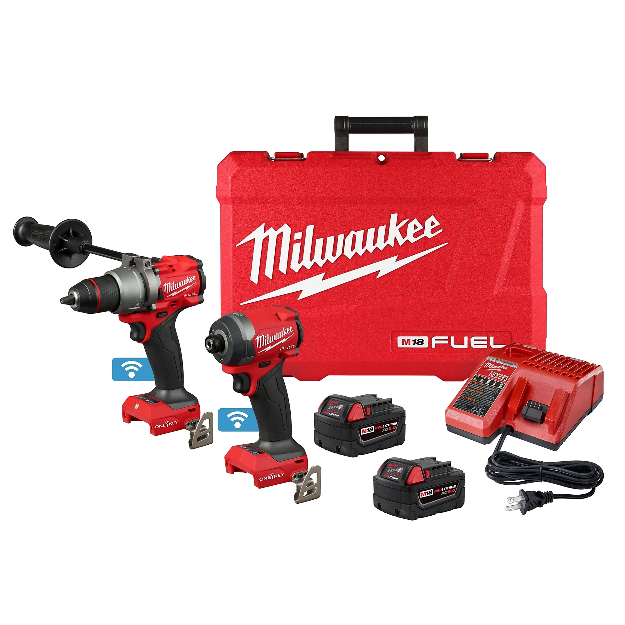 Milwaukee M18 FUEL 2-Tool Combo Kit with ONE-KEY, Includes Hammer Drill, Impact Driver, (2) 5.0Ah Batteries, Charger and Case, Model# 3696-22